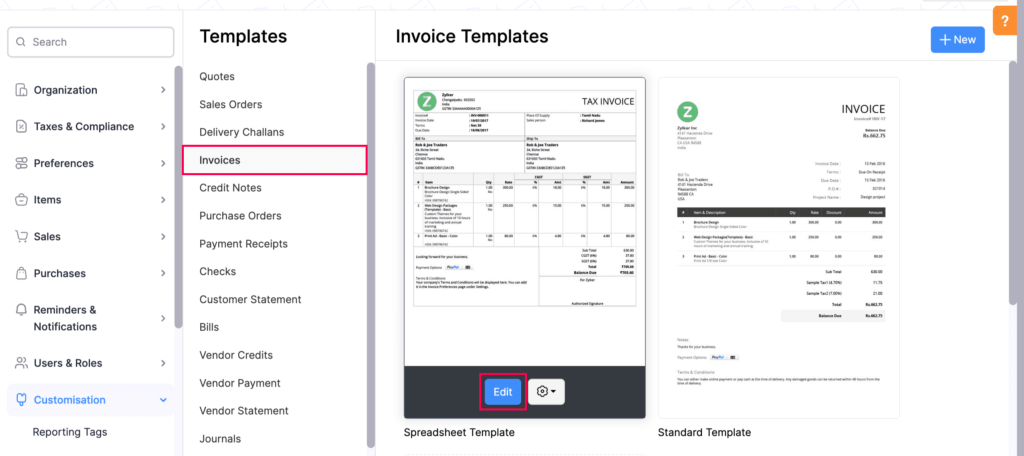 How to Change Invoice Template in Zoho Books