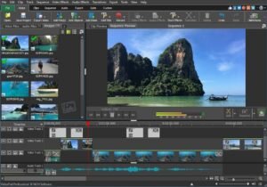 A modern workspace with free AI video editing software open on a computer.
